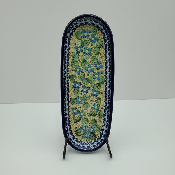 Polish Pottery Unikat Blue Floral Appetizer Tray 248 ART Oblong Relish Tray - Picture 2 of 7